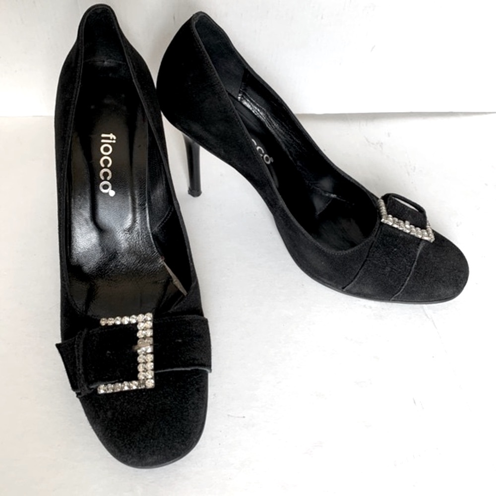 Stunning black suede stiletto shoes with large buckle of shiny rhinestones 40 10